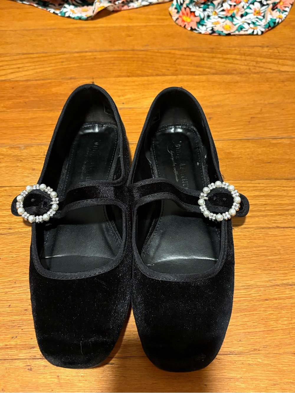Juicy Couture Black Velvet Mary Jane Flats with Pearl-Embellished Buckles